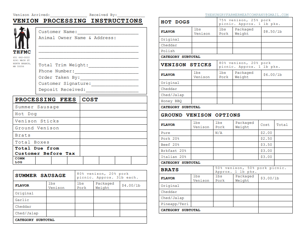 VENISON PROCESSING INSTRUCTIONS
